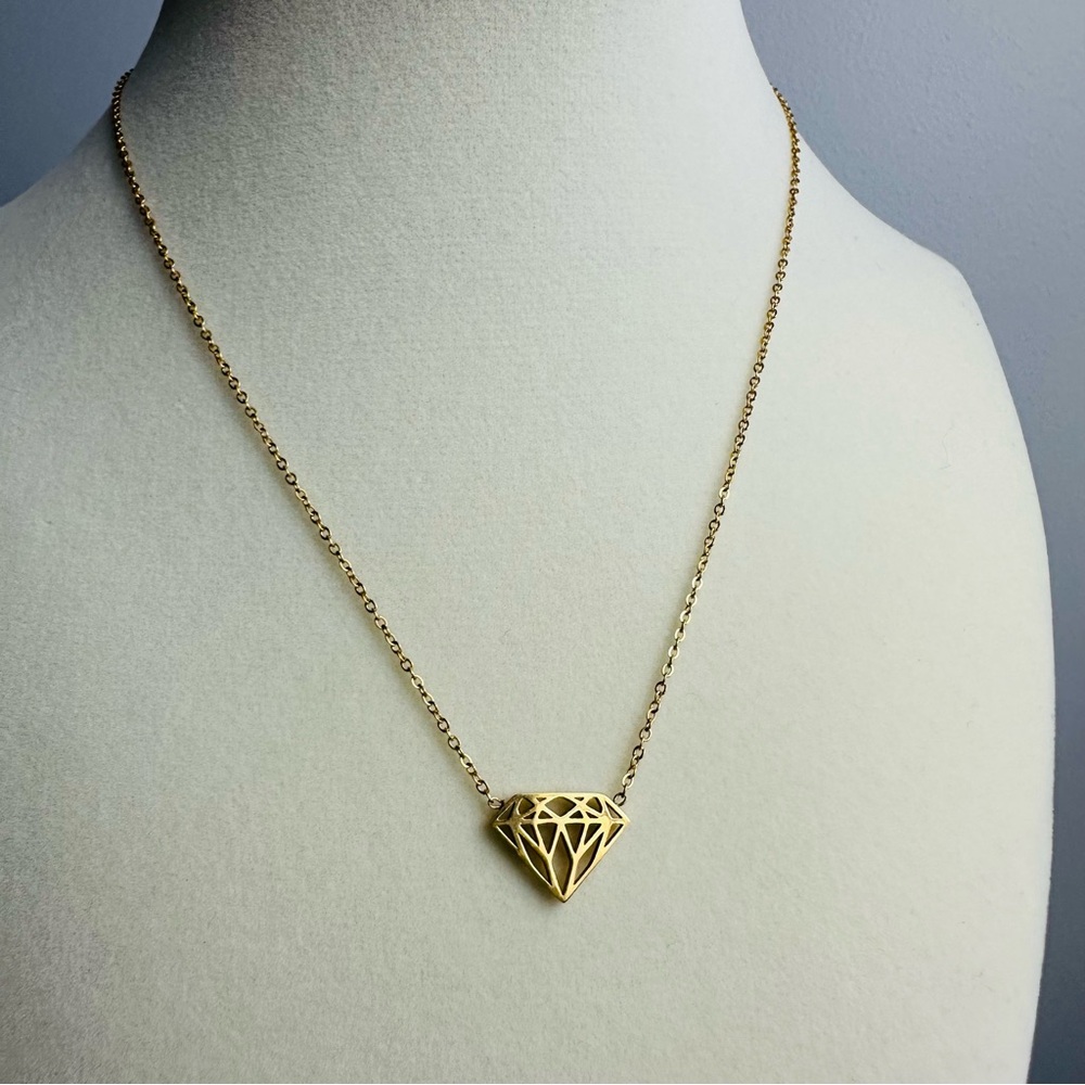 Gold Stainless Steel Diamond Shape Pendant Necklace - Non-Tarnish